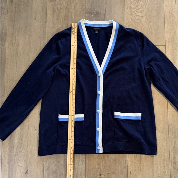 Talbots Women's Super Soft Tipped Cardigan Size XLP Navy Blue White Button Front - Picture 10 of 11